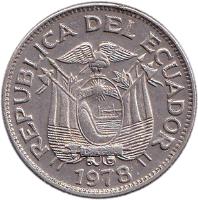 obverse of 1 Sucre - Different design of head (1964 - 1981) coin with KM# 78b from Ecuador. Inscription: REPUBLICA DEL ECUADOR 1964