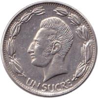 reverse of 1 Sucre - Different design of head (1964 - 1981) coin with KM# 78b from Ecuador. Inscription: UN SUCRE