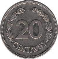 Ecuador coin 20 Centavos (1975 - 1981) reverse reverse of 20 Centavos (1975 - 1981) coin with KM# 77.2a from Ecuador. Inscription: 20 CENTAVOS