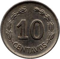 Ecuador coin 10 Centavos (1964 - 1972) reverse reverse of 10 Centavos (1964 - 1972) coin with KM# 76c from Ecuador. Inscription: 10 CENTAVOS