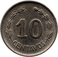 reverse of 10 Centavos (1964 - 1972) coin with KM# 76c from Ecuador. Inscription: 10 CENTAVOS