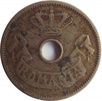 obverse of 5 Bani - Carol I (1905 - 1906) coin with KM# 31 from Romania. Inscription: ROMANIA J