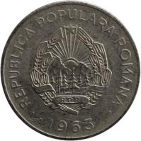 obverse of 3 Lei (1963) coin with KM# 91 from Romania. Inscription: REPUBLICA POPULARA ROMANA RPR · · 1963 · ·