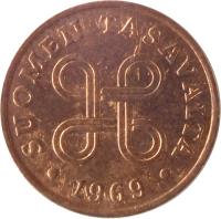 obverse of 1 Penni (1963 - 1969) coin with KM# 44 from Finland. Inscription: SUOMEN TASAVALTA 1968