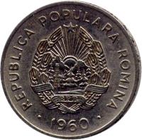 Romania coin 15 Bani (1960) obverse obverse of 15 Bani (1960) coin with KM# 87 from Romania. Inscription: REPUBLICA POPULARA ROMINA · 1960 ·