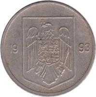 obverse of 5 Lei (1992 - 2005) coin with KM# 114 from Romania. Inscription: 1992 V.G.