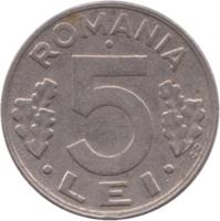 reverse of 5 Lei (1992 - 2005) coin with KM# 114 from Romania. Inscription: ROMANIA · 5 · LEI · CD