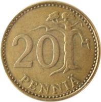 reverse of 20 Penniä (1963 - 1990) coin with KM# 47 from Finland. Inscription: 20 PENNIÄ