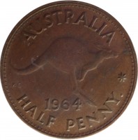 Australia coin 1/2 Penny - Elizabeth II - With F:D:; 1'st Portrait (1959 - 1964) reverse reverse of 1/2 Penny - Elizabeth II - With F:D:; 1'st Portrait (1959 - 1964) coin with KM# 61 from Australia. Inscription: AUSTRALIA KG 1964 HALF PENNY *
