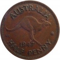 Australia coin 1/2 Penny - George VI - With IND:IMP (1939 - 1948) reverse reverse of 1/2 Penny - George VI - With IND:IMP (1939 - 1948) coin with KM# 41 from Australia. Inscription: AUSTRALIA KG 1947 HALF PENNY *