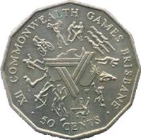 Australia coin 50 Cents - Elizabeth II - Commonwealth Games (1982) reverse reverse of 50 Cents - Elizabeth II - Commonwealth Games (1982) coin with KM# 74 from Australia. Inscription: XII COMMONWEALTH GAMES BRISBANE · 50 CENTS ·