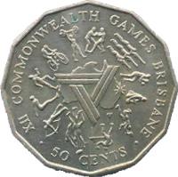 reverse of 50 Cents - Elizabeth II - Commonwealth Games (1982) coin with KM# 74 from Australia. Inscription: XII COMMONWEALTH GAMES BRISBANE · 50 CENTS ·