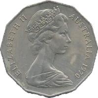 obverse of 50 Cents - Elizabeth II - Captain Cook (1970) coin with KM# 69 from Australia. Inscription: ELIZABETH II AUSTRALIA 1970