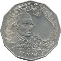 Australia coin 50 Cents - Elizabeth II - Captain Cook (1970) reverse reverse of 50 Cents - Elizabeth II - Captain Cook (1970) coin with KM# 69 from Australia. Inscription: 1770 James Cook FIFTY CENTS