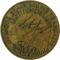 obverse of 10 Francs (1958) coin with KM# 11 from Cameroon. Inscription: AFRIQUE EQUATORIALE FRANCAISE INSTITUT D'EMISSION 1958 CAMEROUN