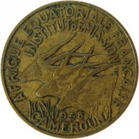 Cameroon coin 10 Francs (1958) obverse obverse of 10 Francs (1958) coin with KM# 11 from Cameroon. Inscription: AFRIQUE EQUATORIALE FRANCAISE INSTITUT D'EMISSION 1958 CAMEROUN