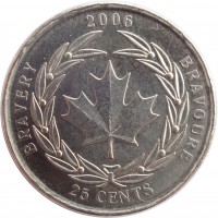 Canada coin 25 Cents - Elizabeth II - Medal of Bravery (2006) reverse reverse of 25 Cents - Elizabeth II - Medal of Bravery (2006) coin with KM# 629 from Canada. Inscription: 2006 BRAVERY BRAVOURE 25 CENTS
