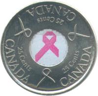 Canada coin 25 Cents - Elizabeth II - Pink Ribbon (2006) reverse reverse of 25 Cents - Elizabeth II - Pink Ribbon (2006) coin with KM# 635 from Canada. Inscription: 25 Cents 25 Cents 25 Cents CANADA CANADA CANADA