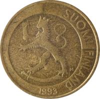 obverse of 1 Markka (1993 - 2001) coin with KM# 76 from Finland. Inscription: SUOMI FINLAND 1994 M