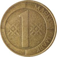 reverse of 1 Markka (1993 - 2001) coin with KM# 76 from Finland. Inscription: 1 MARKKA MARK