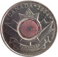 reverse of 25 Cents - Elizabeth II - Remembrance Day (2004) coin with KM# 510 from Canada. Inscription: CANADA 2004 25 Cents REMEMBER SOUVENIR CS
