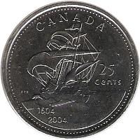 Canada coin 25 Cents - Elizabeth II - Saint Croix Island (2004) reverse reverse of 25 Cents - Elizabeth II - Saint Croix Island (2004) coin with KM# 628 from Canada. Inscription: CANADA 25 cents 1604 2004