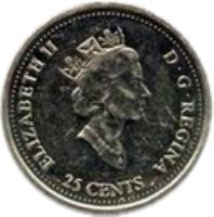 obverse of 25 Cents - Elizabeth II - January (1999) coin with KM# 342 from Canada. Inscription: ELIZABETH II D · G · REGINA 25 CENTS