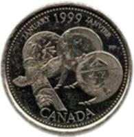 Canada coin 25 Cents - Elizabeth II - January (1999) reverse reverse of 25 Cents - Elizabeth II - January (1999) coin with KM# 342 from Canada. Inscription: JANUARY 1999 JANVIER PP CANADA
