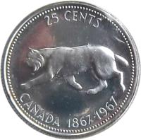 Canada coin 25 Cents - Elizabeth II - Confederation (1967) reverse reverse of 25 Cents - Elizabeth II - Confederation (1967) coin with KM# 68 from Canada. Inscription: 25 CENTS CANADA 1867-1967