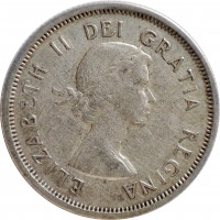 obverse of 25 Cents - Elizabeth II - 1'st Portrait (1953 - 1964) coin with KM# 52 from Canada. Inscription: ELIZABETH II DEI GRATIA REGINA