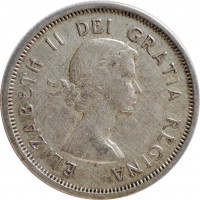 Canada coin 25 Cents - Elizabeth II - 1'st Portrait (1953 - 1964) obverse obverse of 25 Cents - Elizabeth II - 1'st Portrait (1953 - 1964) coin with KM# 52 from Canada. Inscription: ELIZABETH II DEI GRATIA REGINA