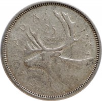 Canada coin 25 Cents - Elizabeth II - 1'st Portrait (1953 - 1964) reverse reverse of 25 Cents - Elizabeth II - 1'st Portrait (1953 - 1964) coin with KM# 52 from Canada. Inscription: · CANADA · · 1963 25 cents