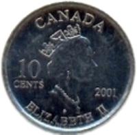 obverse of 10 Cents - Elizabeth II - Year of volunteers (2001) coin with KM# 412 from Canada. Inscription: 10 CENTS 2001 CANADA ELIZABETH II P