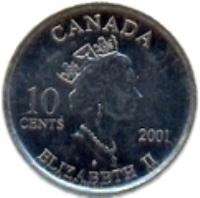 Canada coin 10 Cents - Elizabeth II - Year of volunteers (2001) obverse obverse of 10 Cents - Elizabeth II - Year of volunteers (2001) coin with KM# 412 from Canada. Inscription: 10 CENTS 2001 CANADA ELIZABETH II P