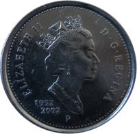 obverse of 10 cents - Elizabeth II - Golden Jubilee - 3'rd Portrait (2002) coin with KM# 447 from Canada. Inscription: ELIZABETH II D · G · REGINA 1952-2002 P