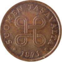 obverse of 5 Penniä (1963 - 1977) coin with KM# 45 from Finland. Inscription: SUOMEN TASAVALTA 1973