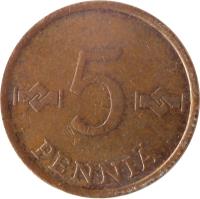 reverse of 5 Penniä (1963 - 1977) coin with KM# 45 from Finland. Inscription: 5 PENNIÄ
