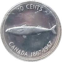 Canada coin 10 Cents - Elizabeth II - Confederation (1967) reverse reverse of 10 Cents - Elizabeth II - Confederation (1967) coin with KM# 67 from Canada. Inscription: 10 CENTS CANADA 1867-1967