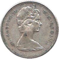 obverse of 10 Cents - Elizabeth II - 2'nd Portrait (1965 - 1966) coin with KM# 61 from Canada. Inscription: ELIZABETH II D · G · REGINA