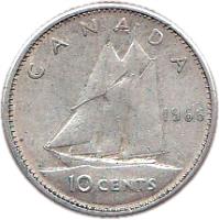 reverse of 10 Cents - Elizabeth II - 2'nd Portrait (1965 - 1966) coin with KM# 61 from Canada. Inscription: 10 CENTS CANADA 1965 H