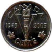 reverse of 5 Cents - Elizabeth II - 60th Anniversary of Victory in Europe (2005) coin with KM# 627 from Canada. Inscription: CANADA 1945 V 2005 CENTS