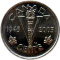 reverse of 5 Cents - Elizabeth II - 60th Anniversary of Victory in Europe (2005) coin with KM# 627 from Canada. Inscription: CANADA 1945 V 2005 CENTS