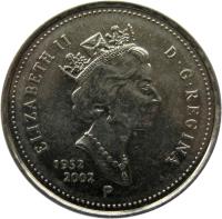 obverse of 5 Cents - Elizabeth II - Golden Jubilee (2002) coin with KM# 446 from Canada. Inscription: ELIZABETH II D · G · REGINA 1952 2002 P