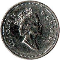 obverse of 5 Cents - Elizabeth II - Confederation (1992) coin with KM# 205 from Canada. Inscription: ELIZABETH II D · G · REGINA