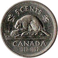 reverse of 5 Cents - Elizabeth II - Confederation (1992) coin with KM# 205 from Canada. Inscription: 5 CENTS CANADA 1867-1992