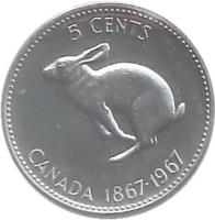 reverse of 5 Cents - Elizabeth II - Confederation (1967) coin with KM# 66 from Canada. Inscription: 5 CENTS CANADA 1867-1967