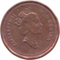 obverse of 1 Cent - Elizabeth II - Confederation - 3'rd Portrait (1992) coin with KM# 204 from Canada. Inscription: ELIZABETH II D · G · REGINA