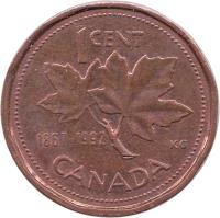 Canada coin 1 Cent - Elizabeth II - Confederation - 3'rd Portrait (1992) reverse reverse of 1 Cent - Elizabeth II - Confederation - 3'rd Portrait (1992) coin with KM# 204 from Canada. Inscription: 1 CENT 1867-1992 KG CANADA