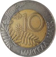 Finland coin 10 Markkaa (1993 - 2001) reverse reverse of 10 Markkaa (1993 - 2001) coin with KM# 77 from Finland. Inscription: 10 M MARKKAA MARK