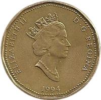obverse of 1 Dollar - Elizabeth II - National War Memorial (1994) coin with KM# 248 from Canada. Inscription: ELIZABETH II D · G · REGINA 1994